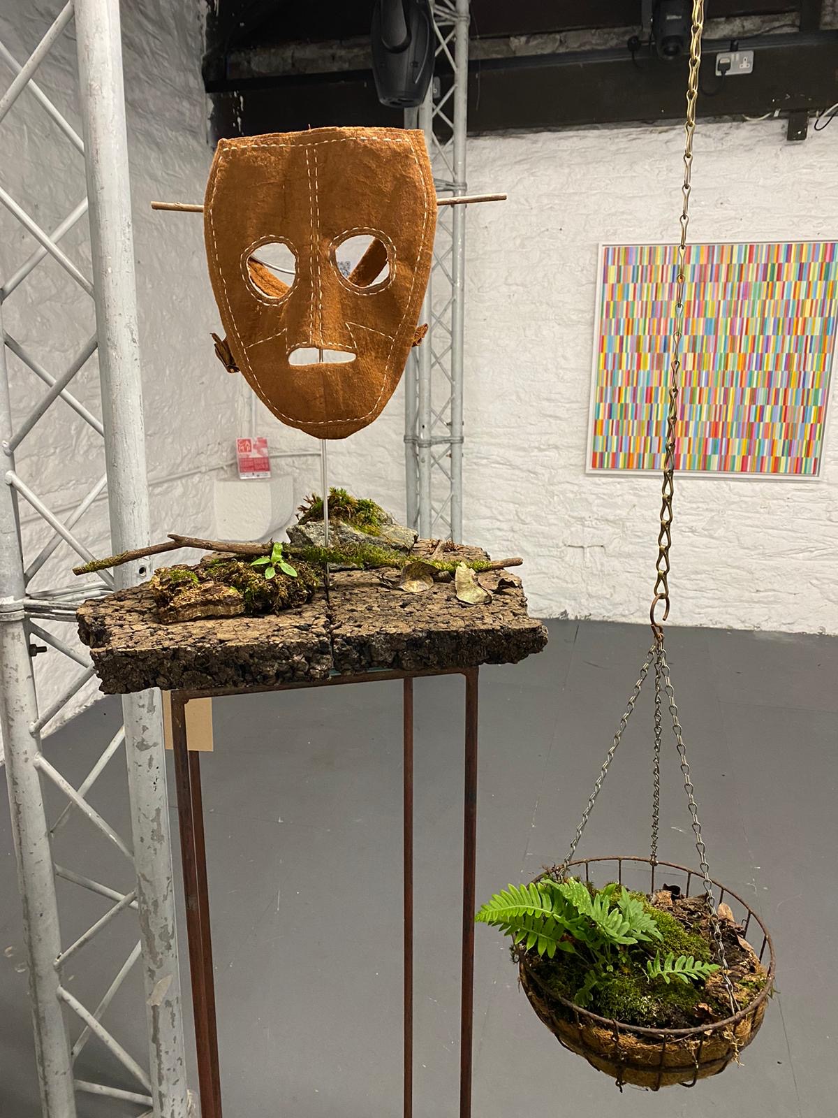 kamikazi mask, hanging basket, moss and ferns