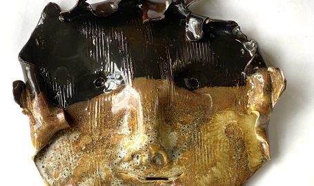 ceramic mask with tenmoku oil spot glaze